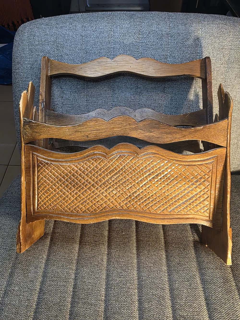 Hand-Carved Wooden Magazine Rack - Warm Honey Tone